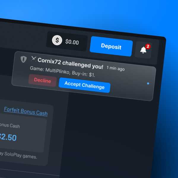 Gaming dashboard interface showing a notification banner where user ‘Cornix72’ challenges the player to a MultiPlinko game with Decline and Accept Challenge buttons.