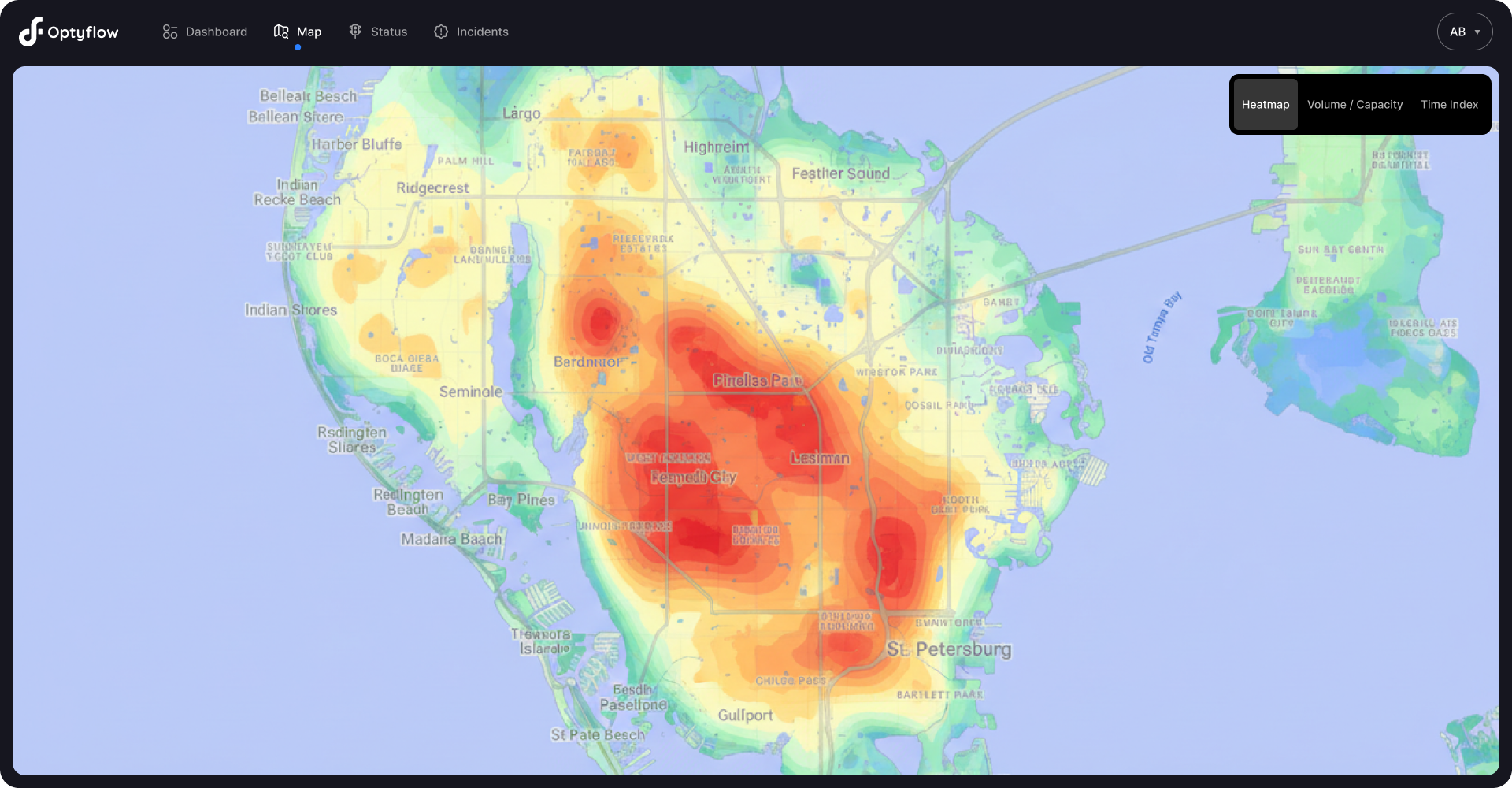Traffic management platform map displaying a heatmap overlay of traffic activity with color intensity indicating higher and lower traffic concentration.