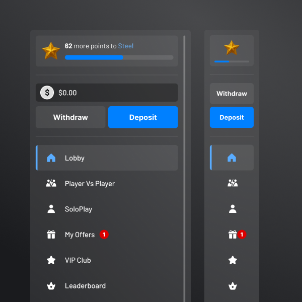 Application sidebar showing user balance, deposit and withdraw buttons, and navigation items including Lobby, Player vs Player, SoloPlay, My Offers, VIP Club, and Leaderboard..
