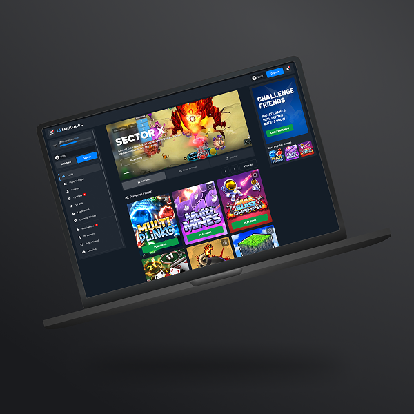 Laptop mockup displaying a dark-themed online gaming dashboard with game tiles, sidebar navigation, and a featured game banner.