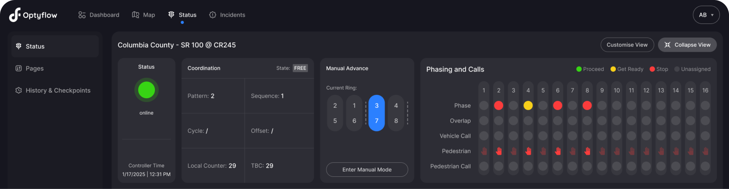 Traffic management dashboard interface showing the status of an intersection in Columbia County with signal coordination details, manual phase control, and a phasing and pedestrian call matrix.”