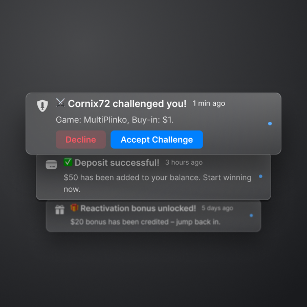 Stacked notification cards showing a challenge request from user ‘Cornix72’ for a MultiPlinko game with Decline and Accept Challenge buttons above recent deposit and bonus notifications.