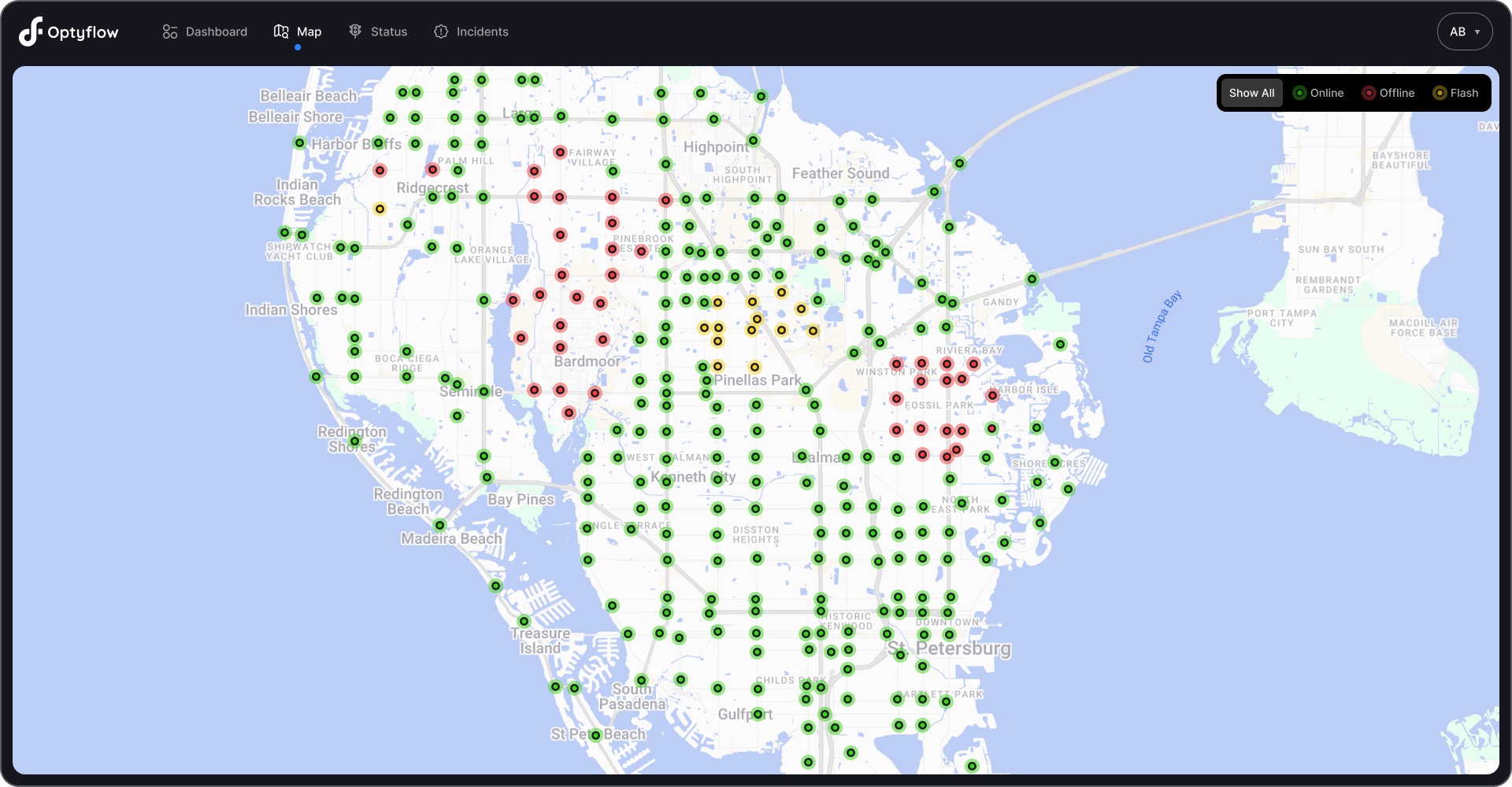 Traffic management system interface displaying a city map with all city controllers.