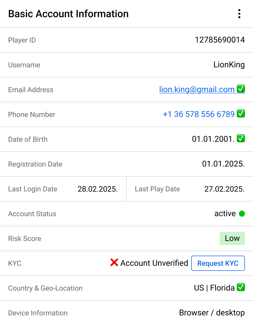 Dashboard widget - basic player information card.
