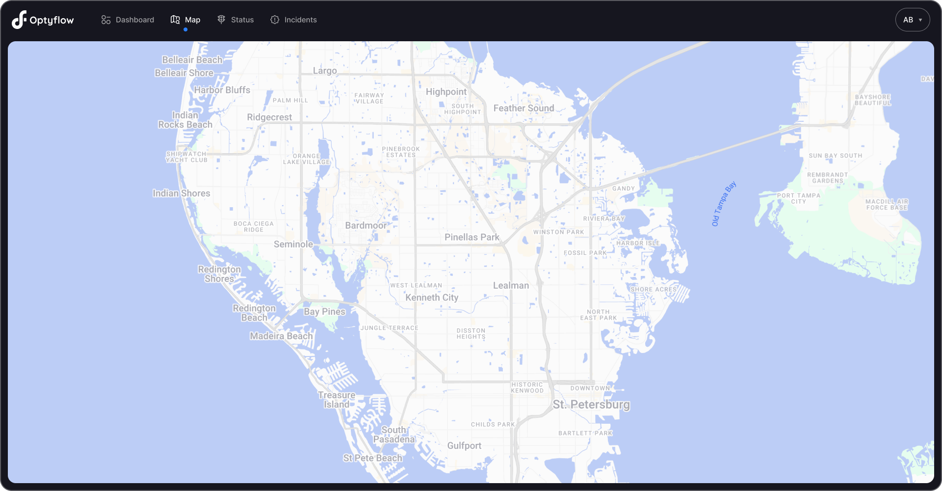 Traffic management system interface displaying a city map with navigation tabs for dashboard, map, status, and incidents.