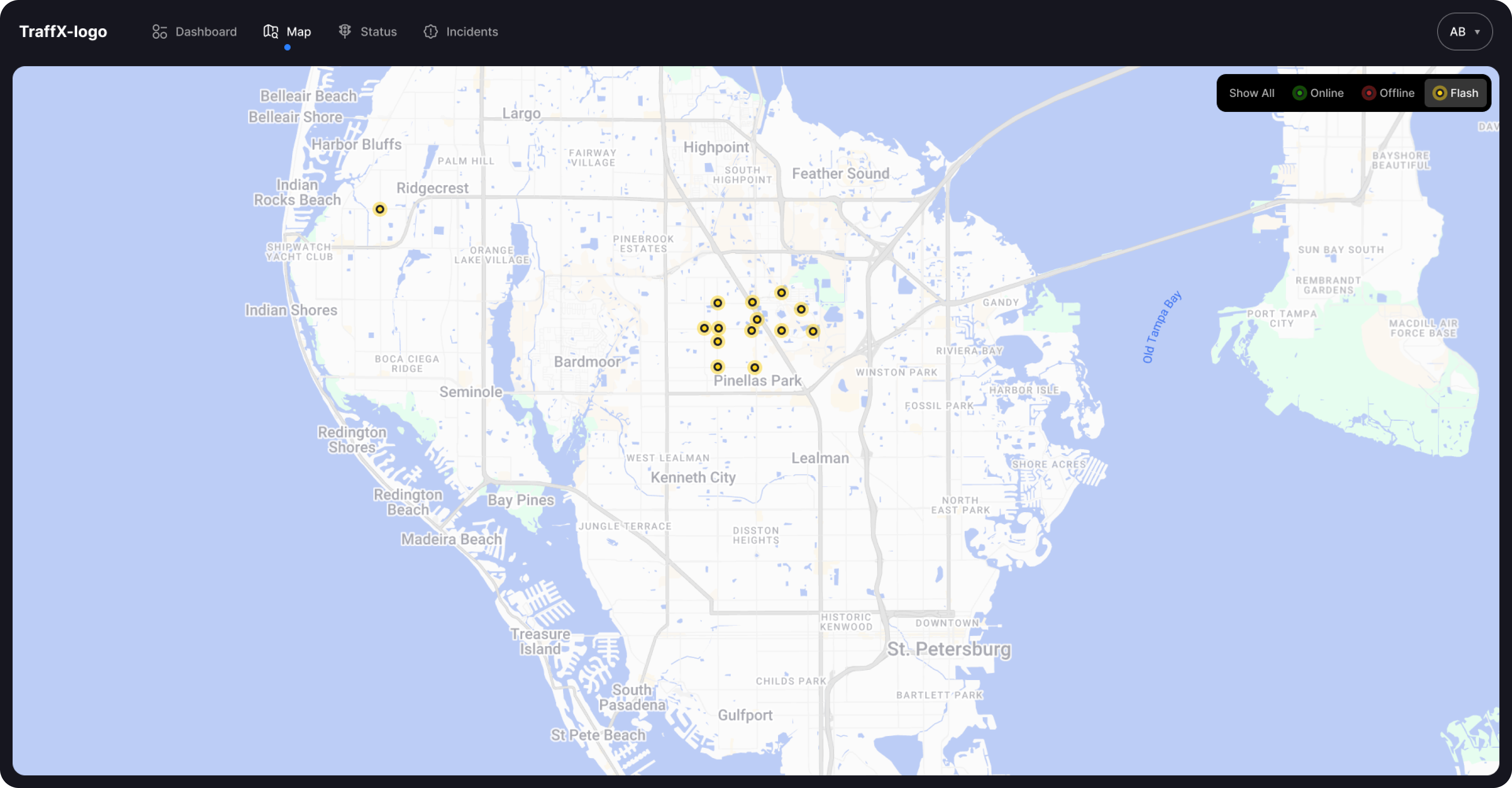 Traffic management system interface displaying a city map with city controllers in flash.