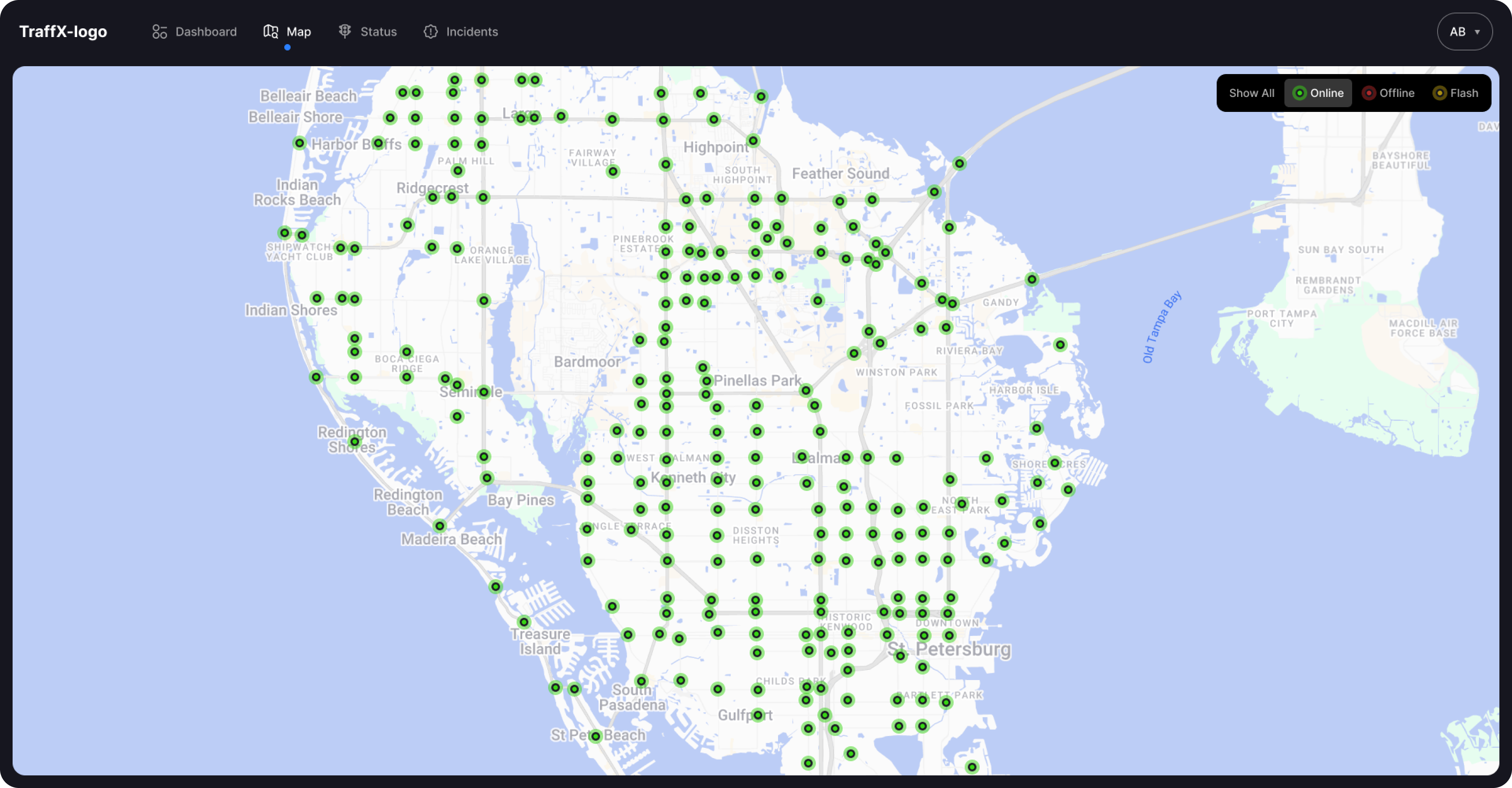 Traffic management system interface displaying a city map with online city controllers.
