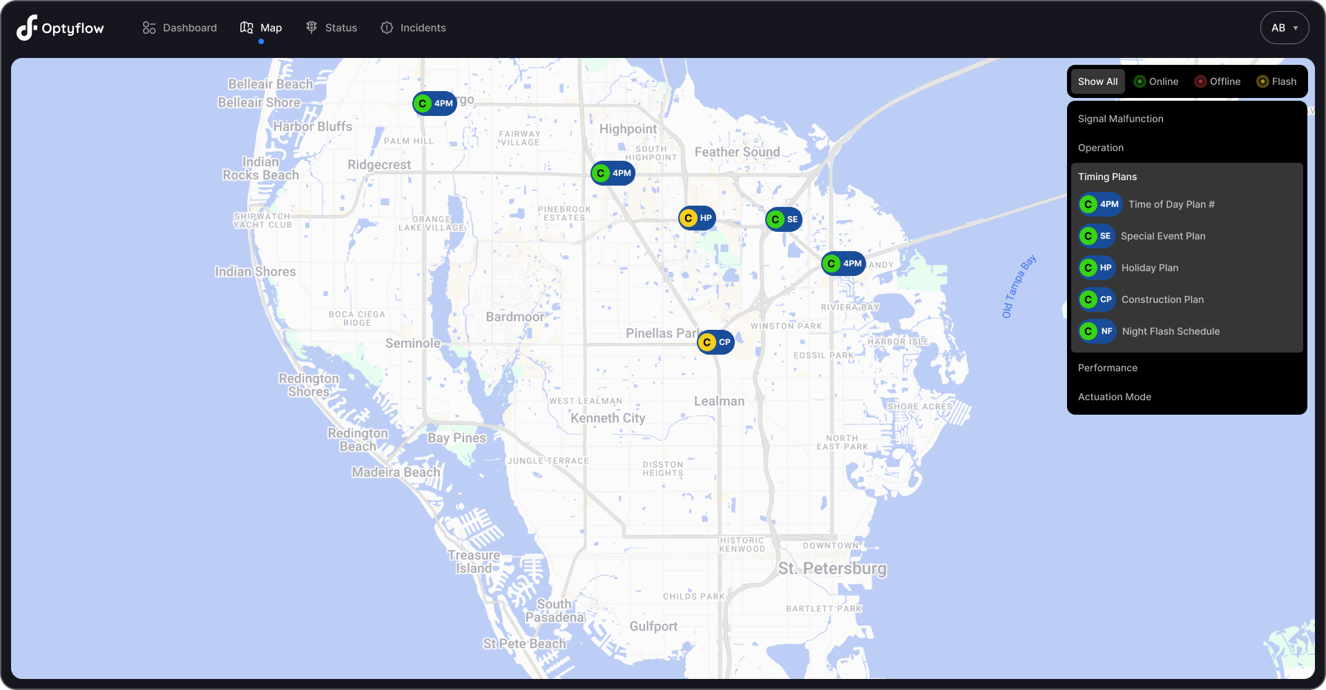 Traffic management map showing multiple signalized intersections with markers indicating signal status, timing plans, and operational modes.