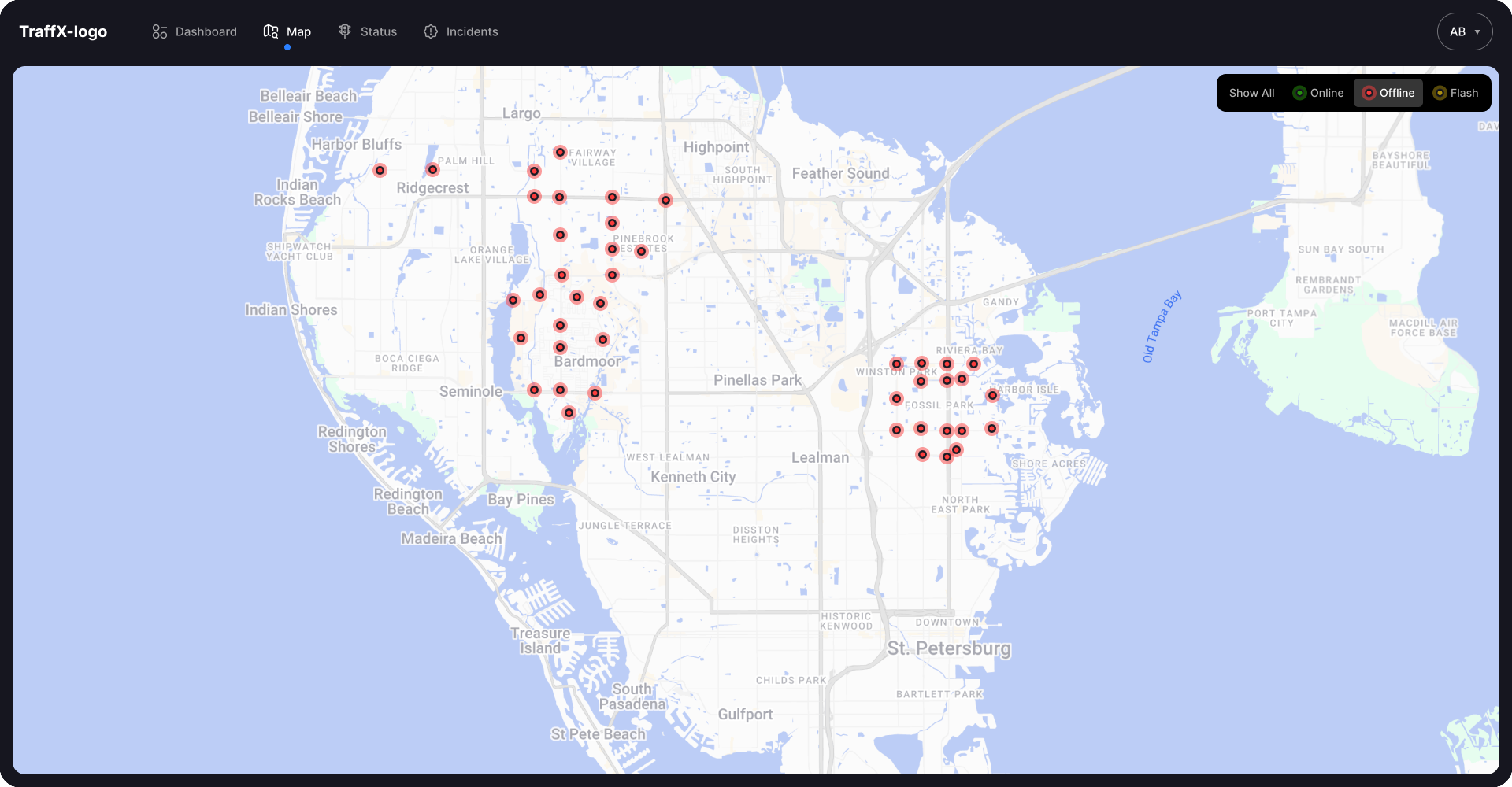 Traffic management system interface displaying a city map with offline city controllers.