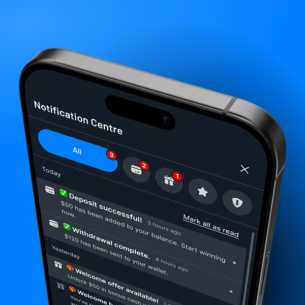Close-up of a smartphone displaying a dark-themed notification center with category filters and alerts for deposits, withdrawals, and promotional messages.