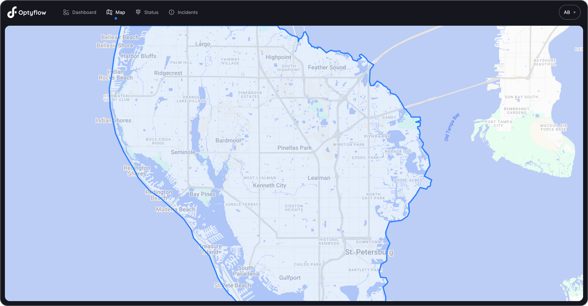 Traffic management system interface displaying a city map with city borders.