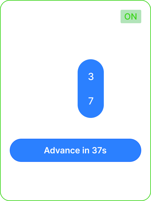 Manual advance control panel for a traffic signal system showing the current ring phases with phase 3 and 7 highlighted, and a notice indicating that manual advance is currently disabled.